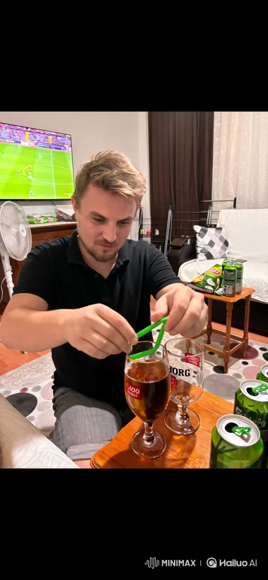 Young Man Siphons Beer Using a Plastic Object – AI Generated Video | Hailuo AI