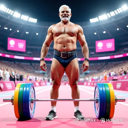 Senior Athlete Masterfully Lifts Rainbow Barbell at Olympics – AI Generated Video | Hailuo AI
