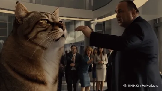 Man Pets Enormous Cat with Lion-Like Roar in Office Lobby – AI Generated Video | Hailuo AI