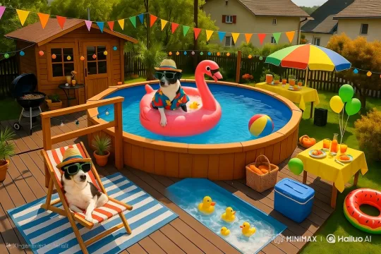 Dogs Enjoying a Festive Backyard Pool Party – AI Generated Video | Hailuo AI
