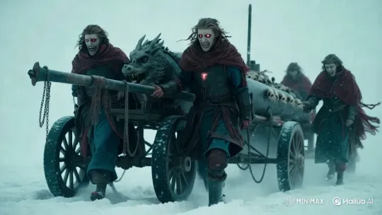 Undead Warriors Advance with Dragon-Head Siege Engine in Snowy Terrain – AI Generated Video | Hailuo AI
