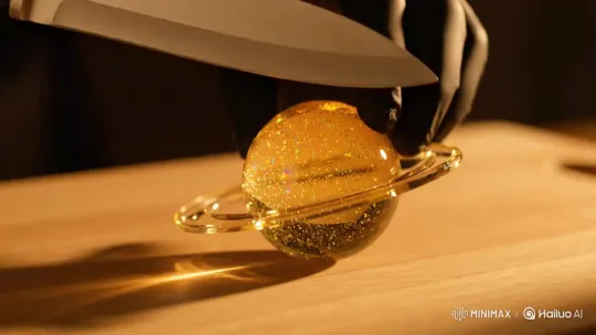 Golden Glass Solar System on Wooden Board with Knife – AI Generated Video | Hailuo AI