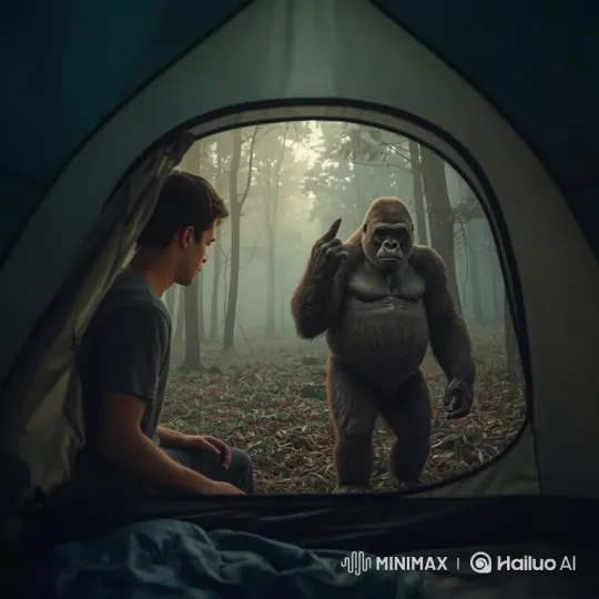 Man in Tent Confronted by Gesturing Gorilla – AI Generated Video | Hailuo AI