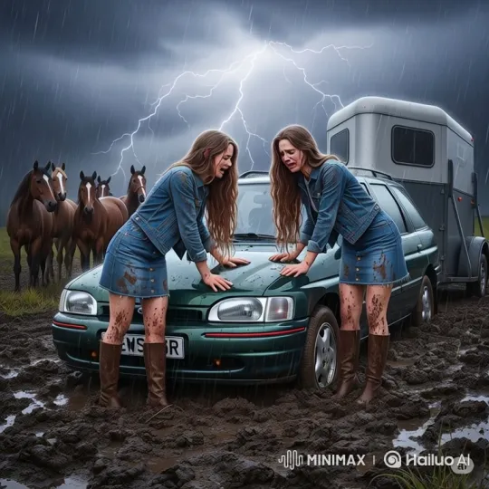 Identical Women Struggle to Free Stuck Car in Storm – AI Generated Video | Hailuo AI