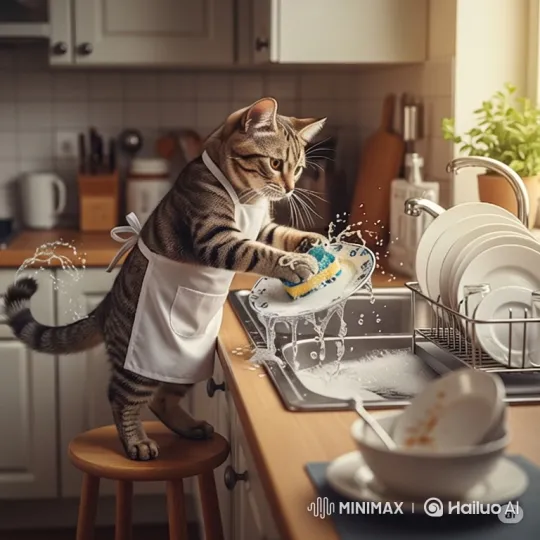 Tabby Cat Washes Dishes, Pipe Bursts, Floods Kitchen – AI Generated Video | Hailuo AI