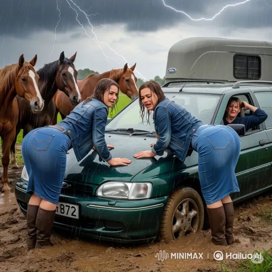 Women Struggle to Free Stuck Car in Torrential Rain – AI Generated Video | Hailuo AI
