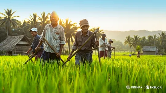 Rice Field Farmers Reflect on Life Amidst Morning Serenity – AI Generated Video | Hailuo AI