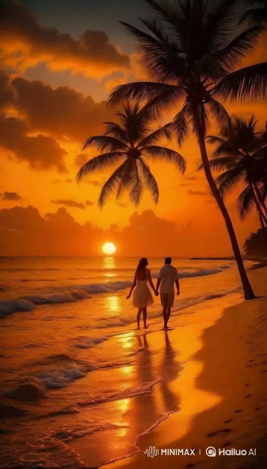 Couple Walking on Sunset Beach, Reflecting Serenity – AI Generated Video | Hailuo AI