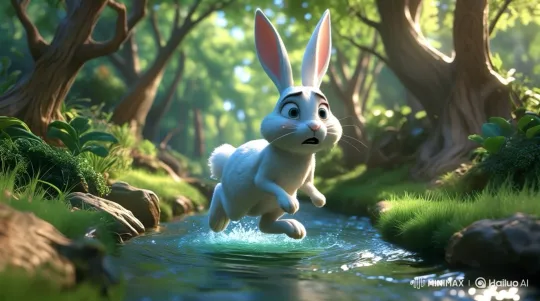 Anxious Rabbit Hops Through Lush Forest Stream – AI Generated Video | Hailuo AI