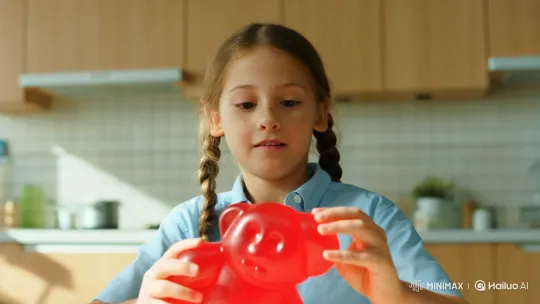 Young Girl Amazed by Giant Gummy Bear Bite – AI Generated Video | Hailuo AI