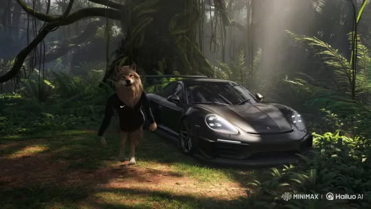 Hyper-Realistic Wolf Takes Selfie in Jungle with Porsche – AI Generated Video | Hailuo AI