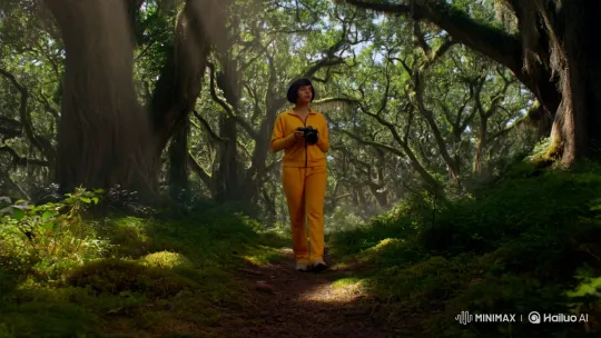 Kelly Walks Through a Sunlit Forest with Camera – AI Generated Video | Hailuo AI