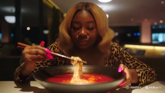Black Woman Enjoying Lava Ramen in Modern Restaurant – AI Generated Video | Hailuo AI