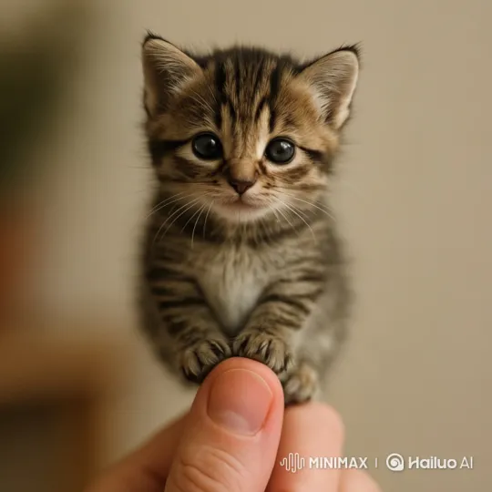 Close-up of a Cuddly Tabby Kitten on Thumb – AI Generated Video | Hailuo AI