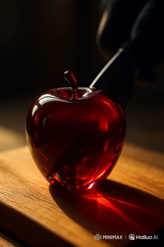 Close-up of a Glass Apple Sliced with a Knife – AI Generated Video | Hailuo AI