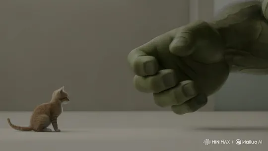 Hulk Tenderly Shakes Hands with Tiny Kitten – AI Generated Video | Hailuo AI
