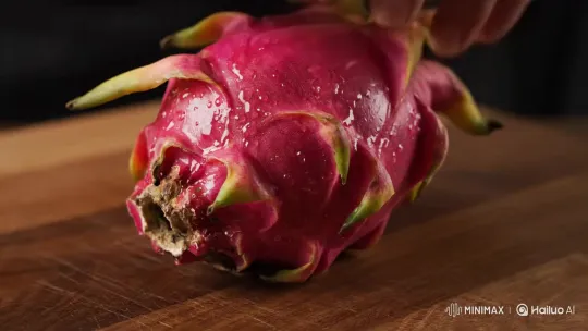 ASMR: Hyperrealistic Dragon Fruit Cutting on Wood – AI Generated Video | Hailuo AI