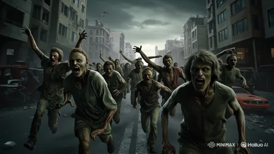 Zombie Horde Rushes Through Ruined Cityscape – AI Generated Video | Hailuo AI