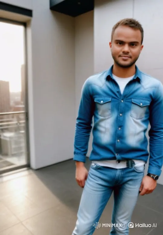 Young Man in Double-Denim Stands Calmly, Smiles Gently – AI Generated Video | Hailuo AI