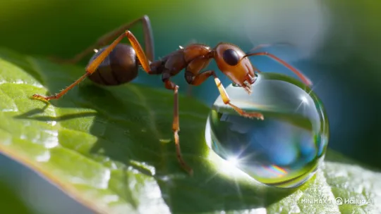 Ant Drinks from Giant Drop on Leaf – AI Generated Video | Hailuo AI