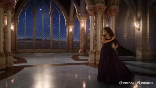 Magical Castle: Elegant Dance of the Dark-Haired Princess – AI Generated Video | Hailuo AI