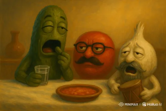 Anthropomorphic Veggies Jam Out at Rustic Table – AI Generated Video | Hailuo AI