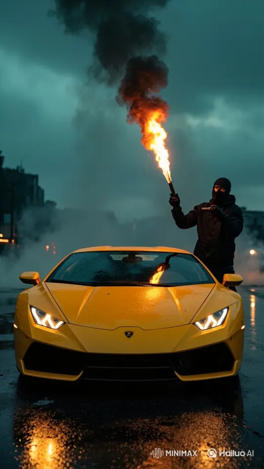 Lamborghini Destroyed by Molotov Cocktail in Dusky City Scene – AI Generated Video | Hailuo AI