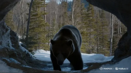 Grizzly Bear Emerges from Winter Den in Spring Forest – AI Generated Video | Hailuo AI