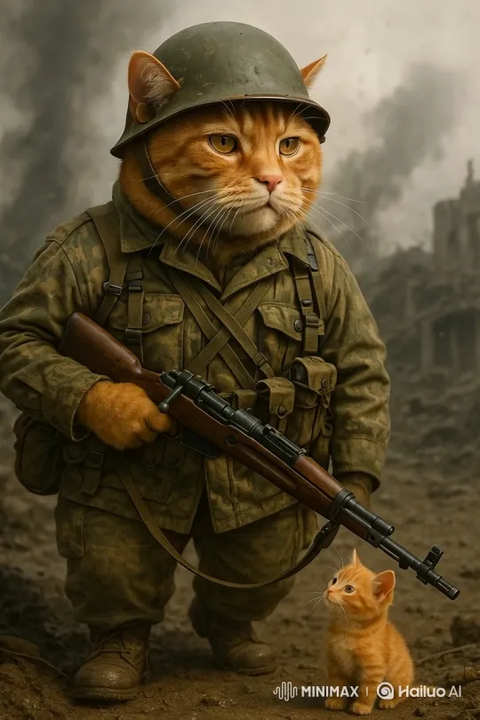 Anthropomorphic Cat Soldier Advances on a War-Torn Battlefield – AI Generated Video | Hailuo AI