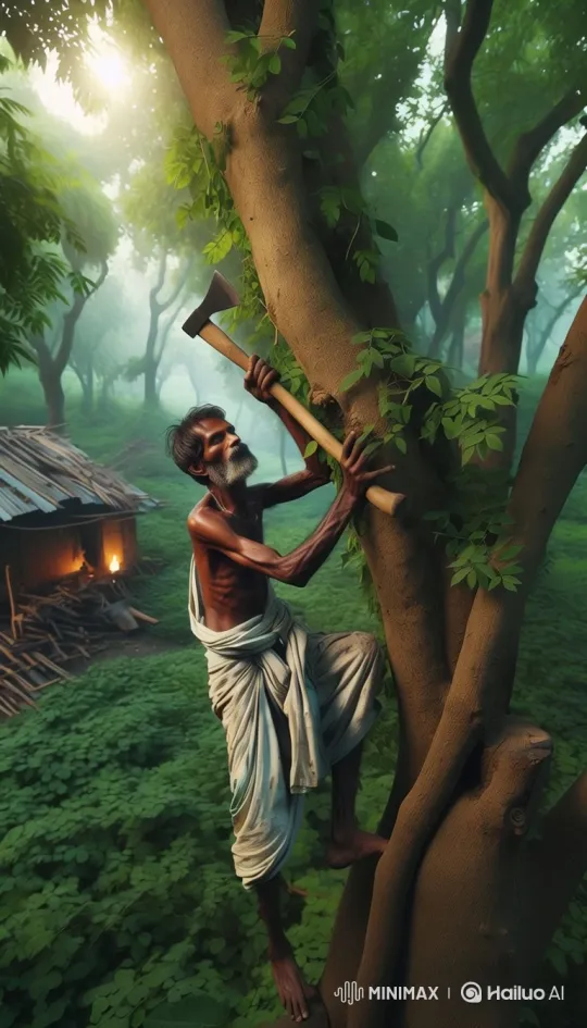 Elderly Man Climbs Tree in Misty Forest – AI Generated Video | Hailuo AI