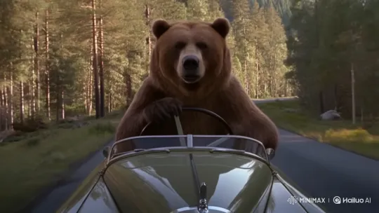 Brown Bear Drives Vintage Car Through Forest – AI Generated Video | Hailuo AI
