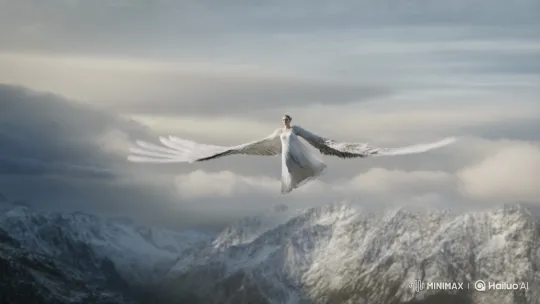Majestic Human-Bird Hybrid Soars Over Snowy Mountains – AI Generated Video | Hailuo AI