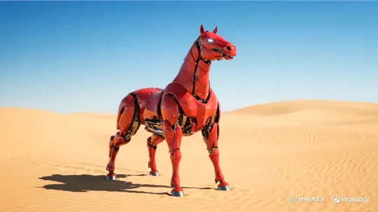 Red Mecha Horse Transforms into Ferrari in Desert Chase – AI Generated Video | Hailuo AI