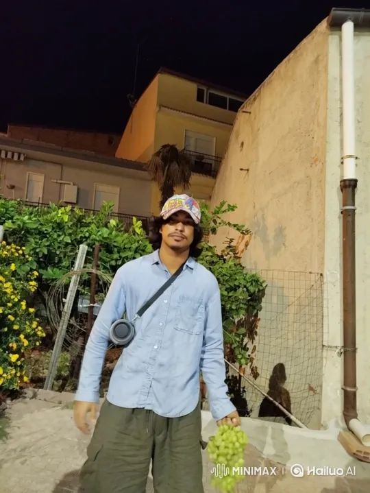 Young Man with Grapes in Nighttime Courtyard – AI Generated Video | Hailuo AI