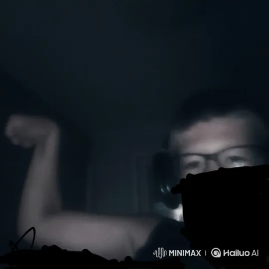 Young Man Flexing Biceps in Dimly Lit Room – AI Generated Video | Hailuo AI