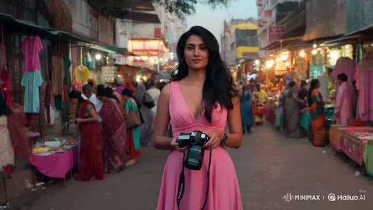 Indian Woman Captures Street Market with DSLR – AI Generated Video | Hailuo AI