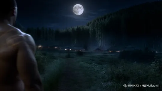 Man with Tiger Past Stands Under Full Moon – AI Generated Video | Hailuo AI