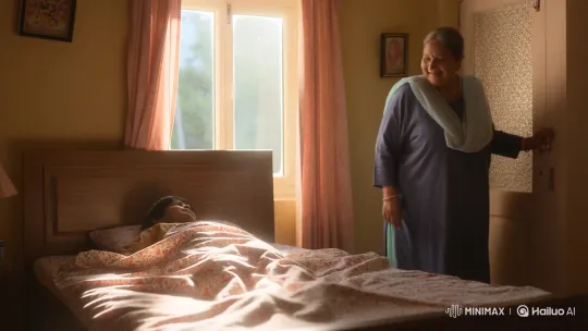 Elderly Woman Wakes Grandchild with Affection – AI Generated Video | Hailuo AI