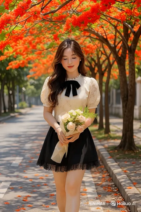 Young Girl Twirls Gracefully in a Sunlit Flower Path – AI Generated Video | Hailuo AI