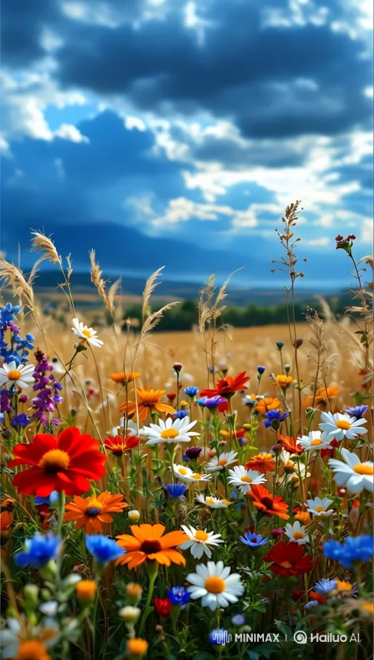 Wildflower Meadow Dance in Dramatic Sky – AI Generated Video | Hailuo AI