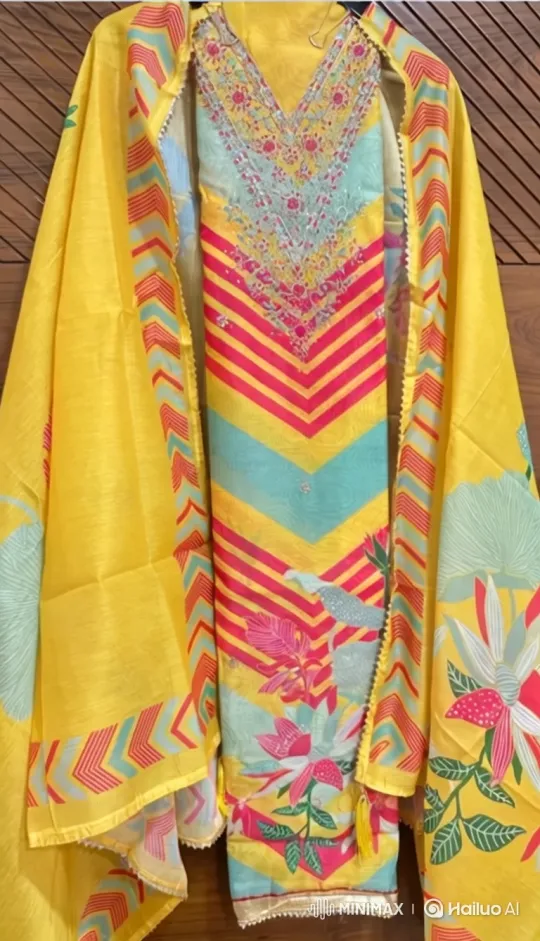Girl Showcases Vibrant Three-Piece Suit with Embroidery and Scarf – AI Generated Video | Hailuo AI