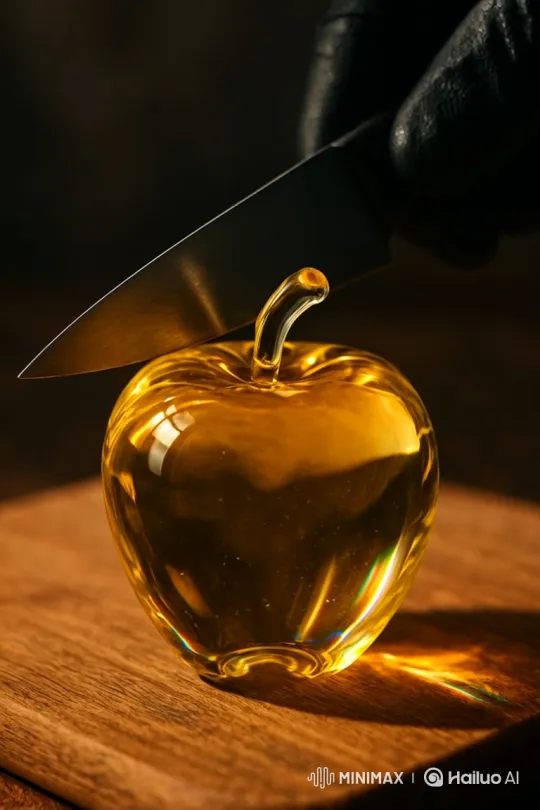 Dramatic Close-up of a Glass Apple and Knife – AI Generated Video | Hailuo AI