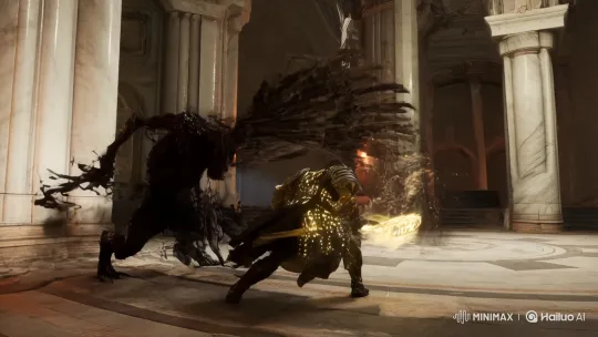 Divine Warrior Battles Chaotic Shadow Beast in Ancient Hall – AI Generated Video | Hailuo AI