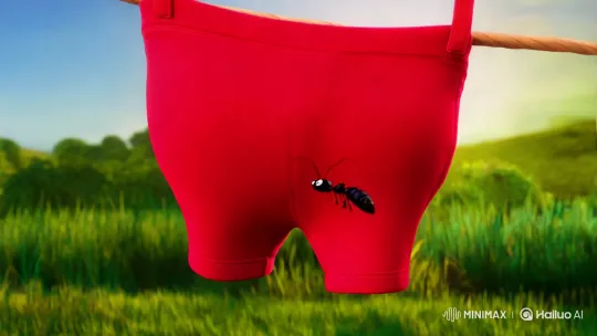 Anthropomorphized Underwear Faces Ant Army in Meadow – AI Generated Video | Hailuo AI