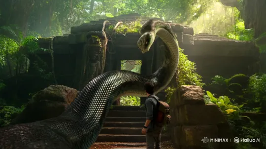 Young Explorer Faces Guardian Snake at Ruined Temple Entrance – AI Generated Video | Hailuo AI
