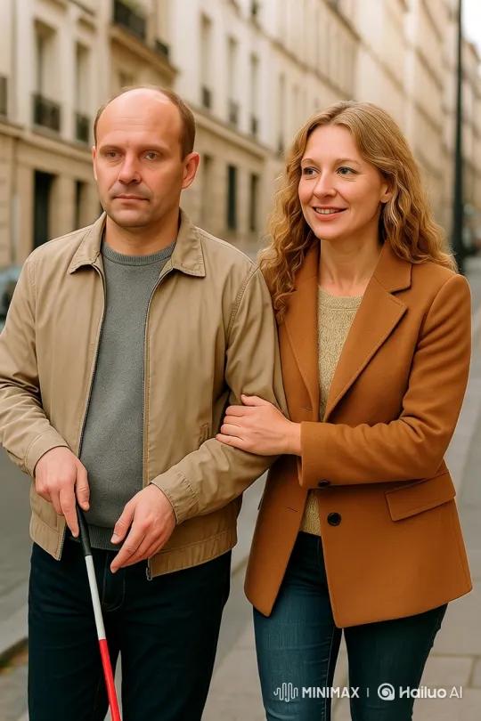Supportive Couple Walks with Cane on City Sidewalk – AI Generated Video | Hailuo AI