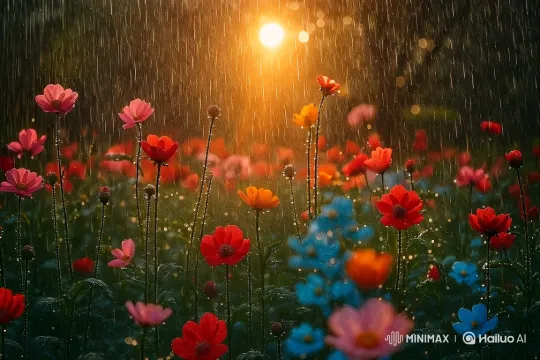 Golden Sunshower Illuminates Dancing Cosmos Field – AI Generated Video | Hailuo AI