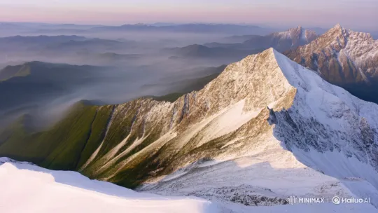 Sunrise Drone Flight Over Snowy Peaks and Misty Valleys – AI Generated Video | Hailuo AI