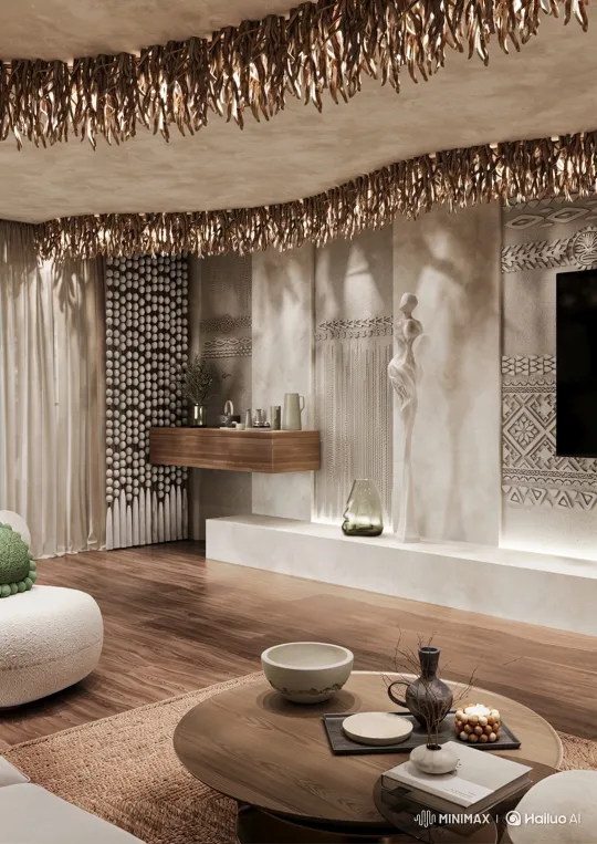 Girl in Pareo Relaxes in Textured Living Room – AI Generated Video | Hailuo AI