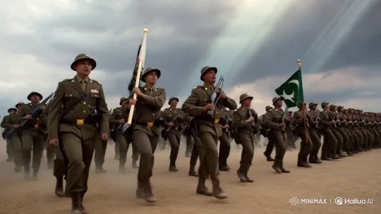 Pakistani and Cholingast Soldiers Marching in Unity on Dramatic Battlefield – AI Generated Video | Hailuo AI